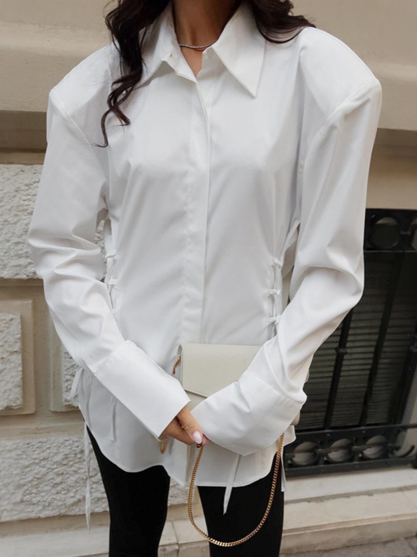White Button Up Side Lace Up Shirt - Be Bliss Boutique