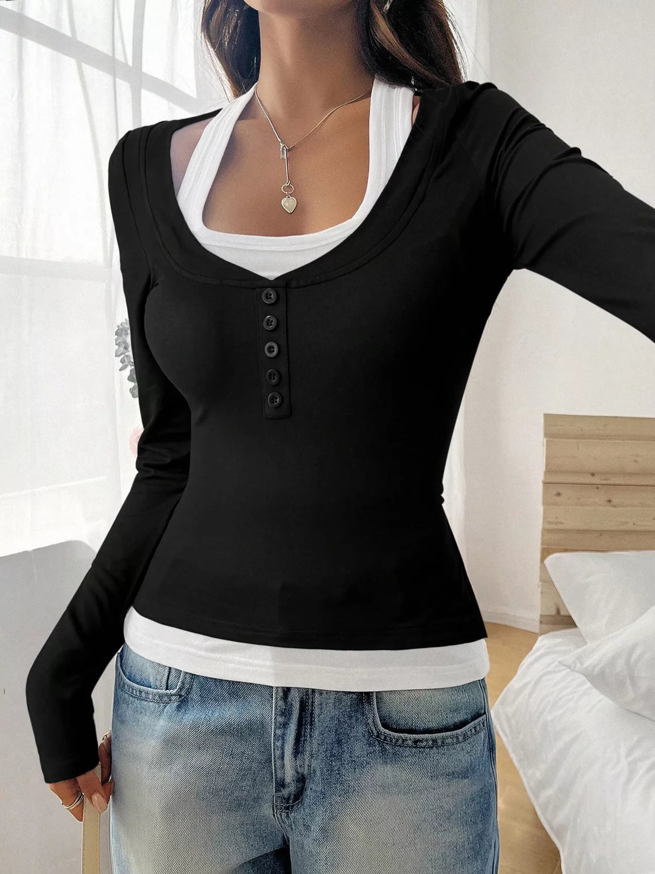 Scoop Neck Long Sleeve T-Shirt - Be Bliss Boutique