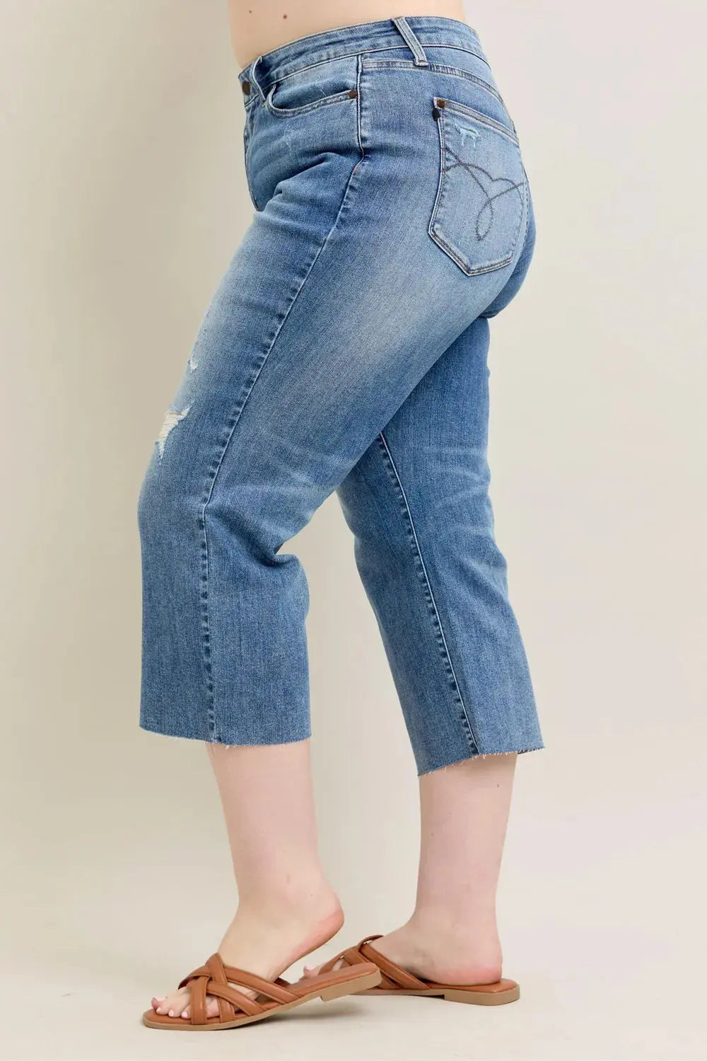 Plus Size High Waist Back Destroy & Raw Cut Hem Crop Wide Leg Judy Blue Jeans - Be Bliss Boutique