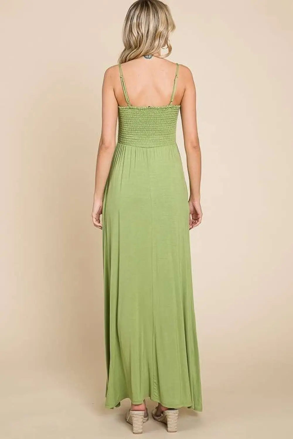 Culture Code Full Size Olive Smocked Cami Maxi Dress with Pockets - Be Bliss Boutique