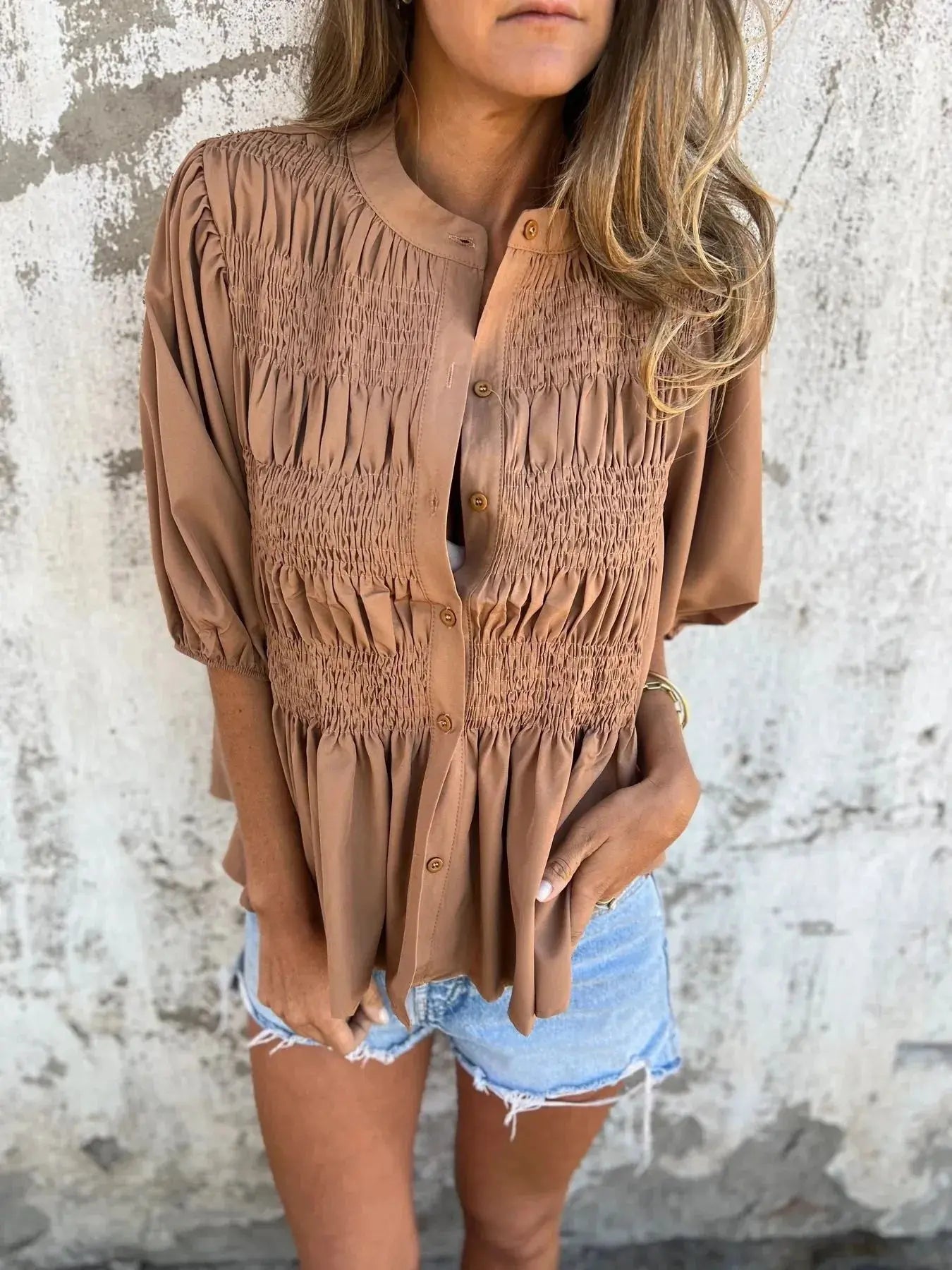 Full Size Red Smocked Button Puff Sleeve Blouse – Plus Size - Be Bliss Boutique