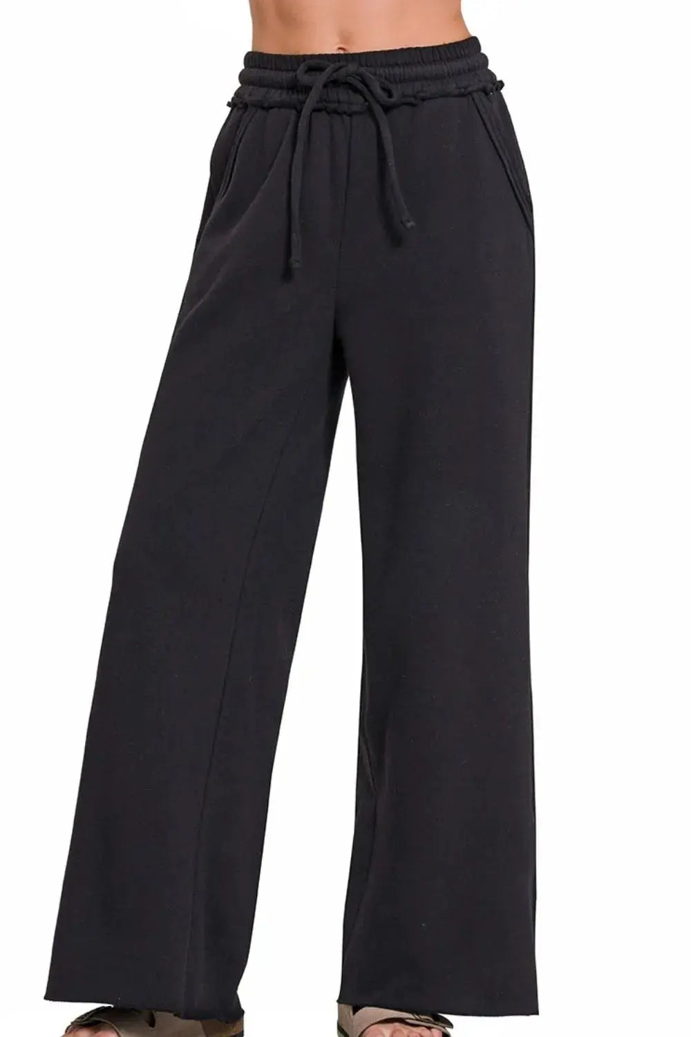 Zenana Black Wide Leg Fleece Sweatpants with Drawstring Waist - Be Bliss Boutique