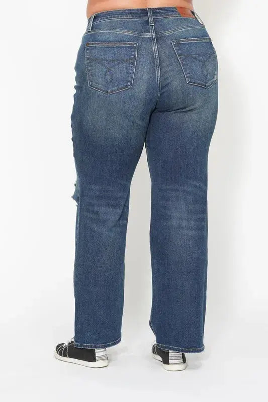 Full Size High Waist Ripped Knee Straight Leg Dad Judy Blue Jeans - Be Bliss Boutique