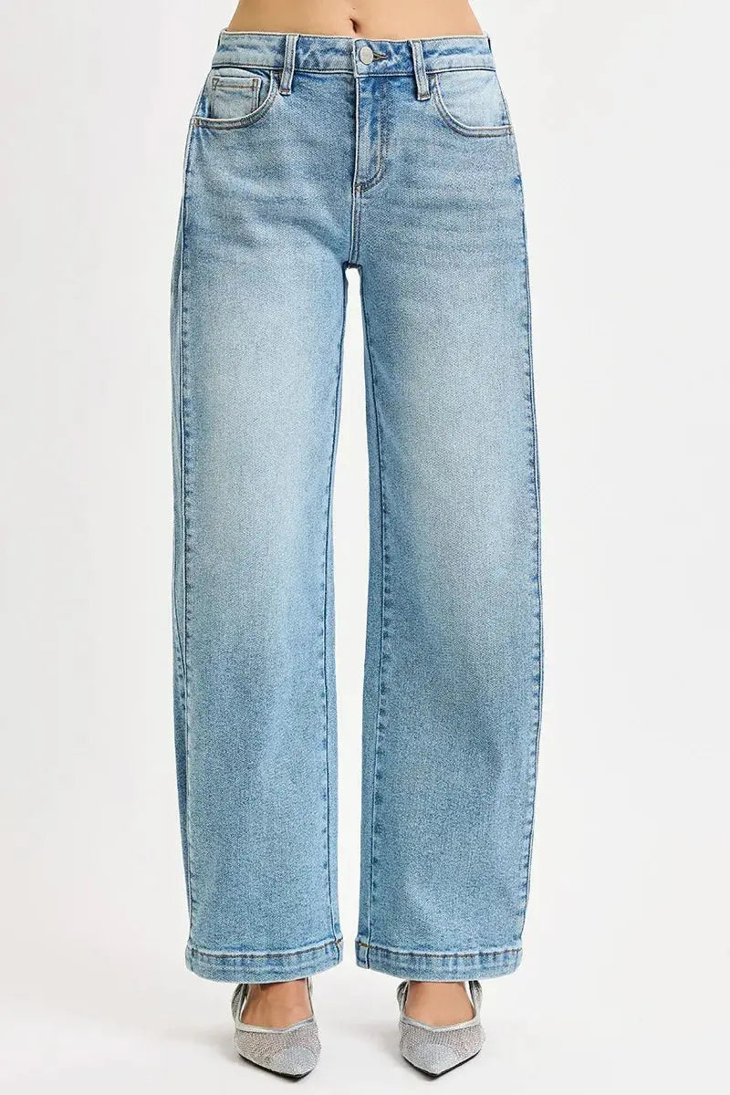 RISEN Jeans - Mid Rise Wide Barrel Transferable Leg Snap Jeans - Be Bliss Boutique