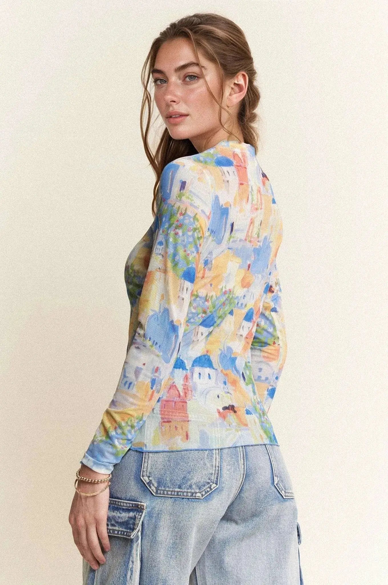 Davi & Dani Multi Printed Round Neck Mesh Long Sleeve Top - Be Bliss Boutique