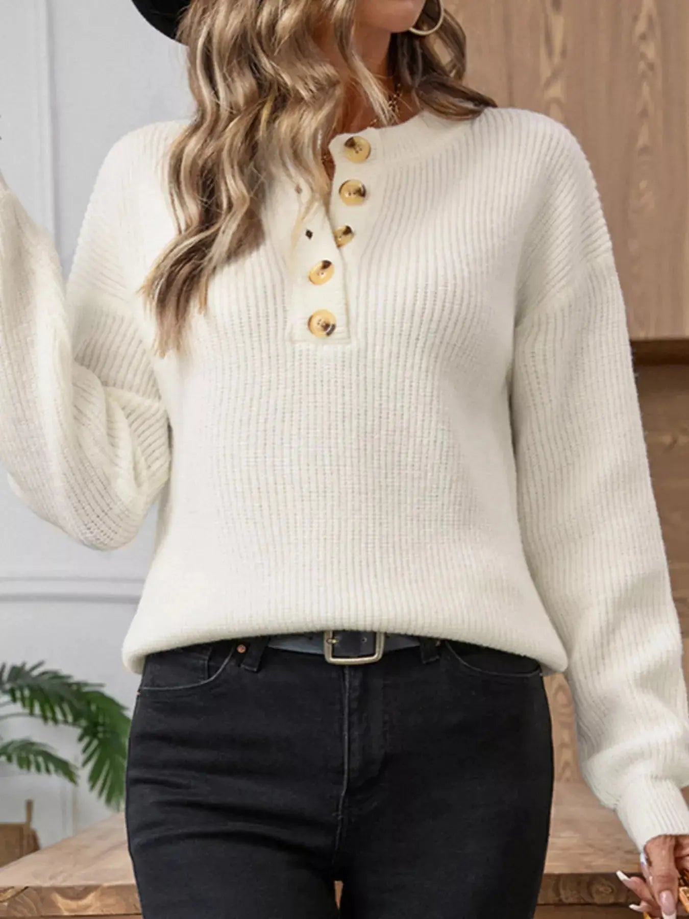 Button Detail Long Sleeve Sweater - Be Bliss Boutique