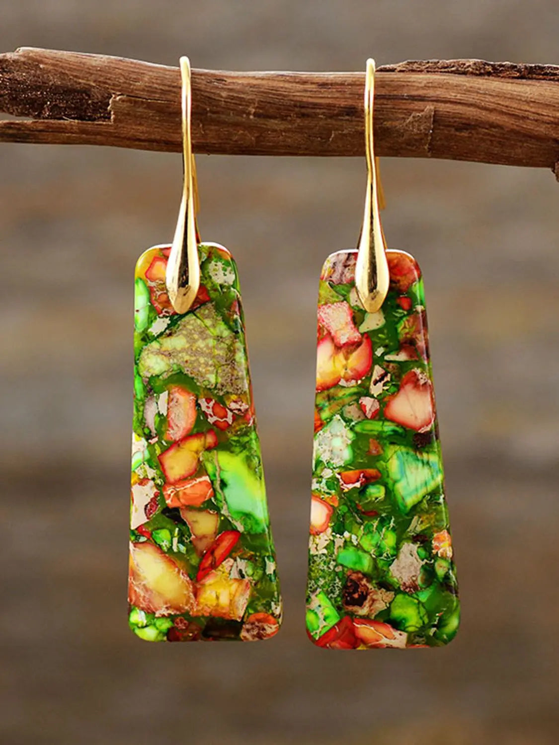 Geometric Imperial Jasper Dangle Earrings - Boho Gold Hooks - Be Bliss Boutique