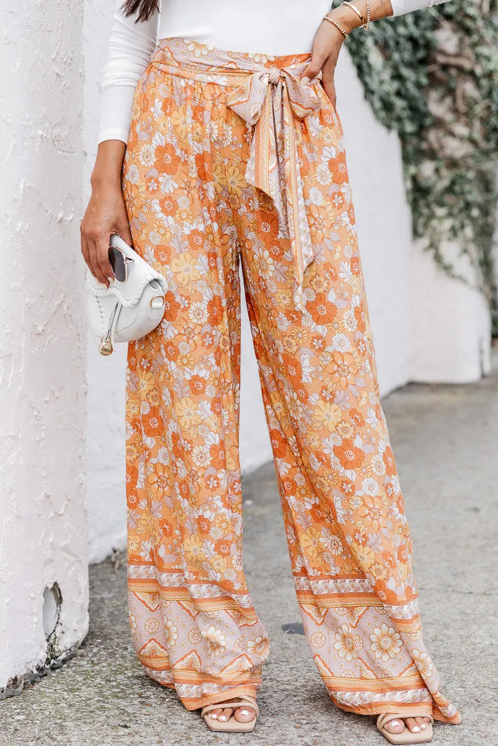 Floral Tie Front Wide Leg Pants - Be Bliss Boutique