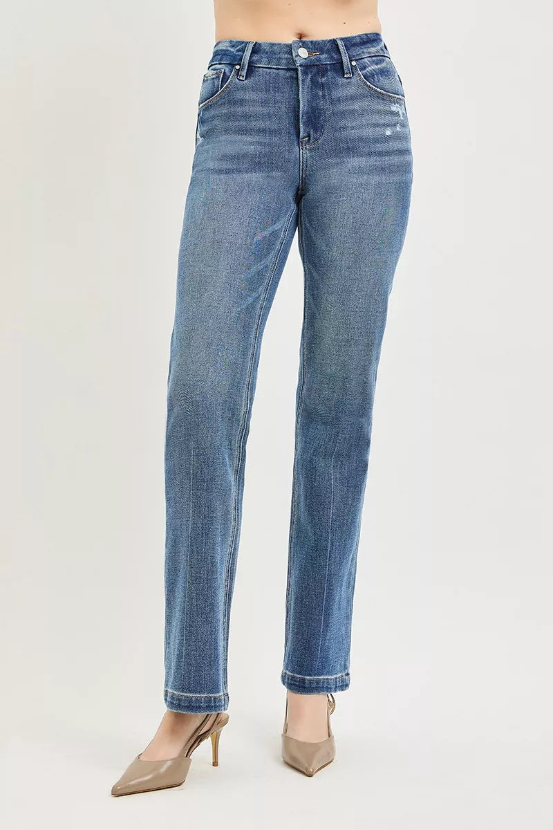 RISEN Tummy Control 4-Way Stretch Mid Rise Straight Jeans with Crease Line Detailing - Be Bliss Boutique