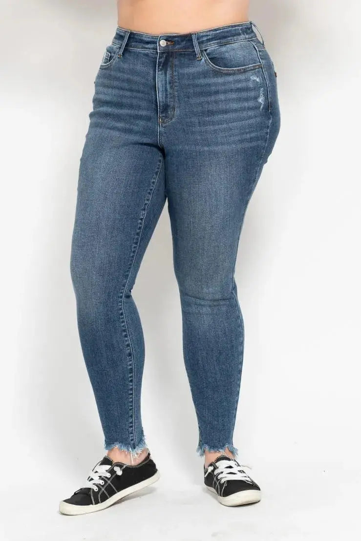 Plus Size High Waist Skinny Judy Blue Jeans with Destroy & Shark Bit Hem - Be Bliss Boutique