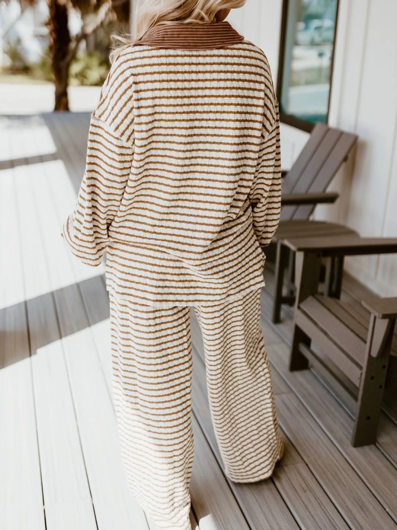 Stripe Collared Top and Drawstring Pant Set - Be Bliss Boutique