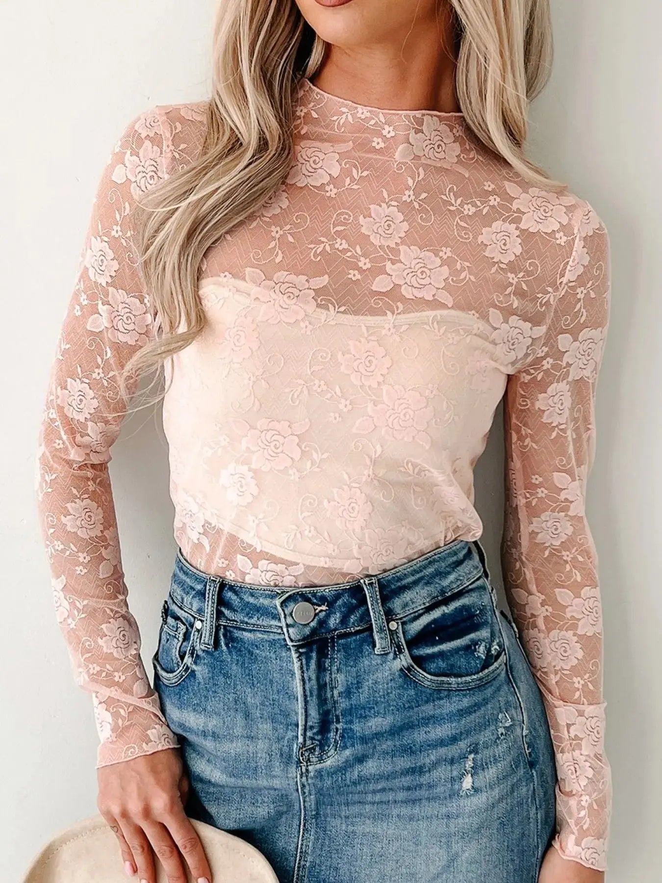 Lace Mock Neck Long Sleeve Blouse - Be Bliss Boutique