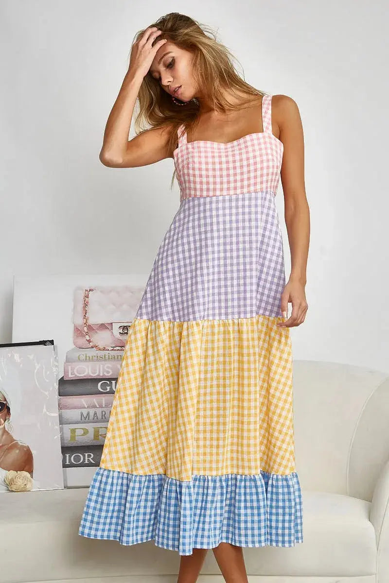 BiBi Color Block Tiered Gingham Dress - Be Bliss Boutique