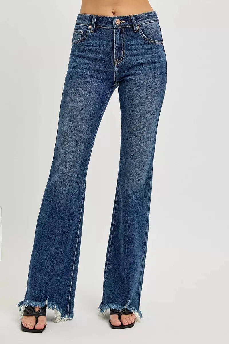RISEN Jeans - Full Size Mid Rise Flare Frayed Hem Jeans - Be Bliss Boutique