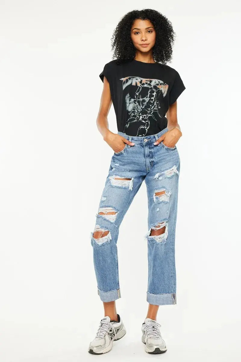 Mid Rise Distressed Kancan Boyfriend Jeans - Medium Wash - Be Bliss Boutique