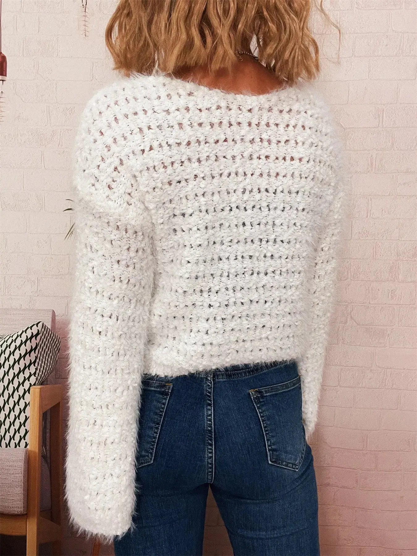 Crochet Dropped Shoulder Round Neck Sweater - Be Bliss Boutique