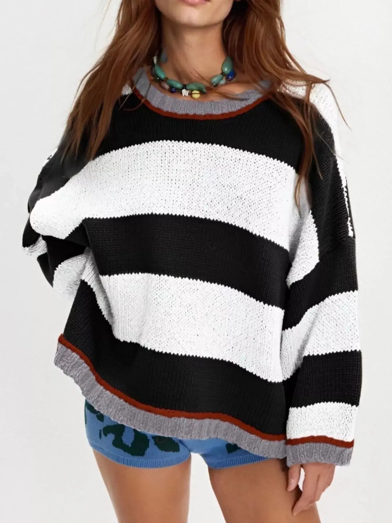Color Block Oversized Round Neck Sweater - Be Bliss Boutique