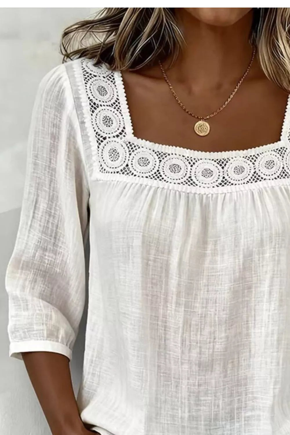 Crochet Trim Square Neck Blouse - Be Bliss Boutique