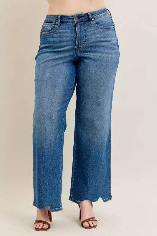 Judy Blue Full Size High Waist Tummy Control Chew Hem Destroy Wide Jeans Plus Size - Be Bliss Boutique