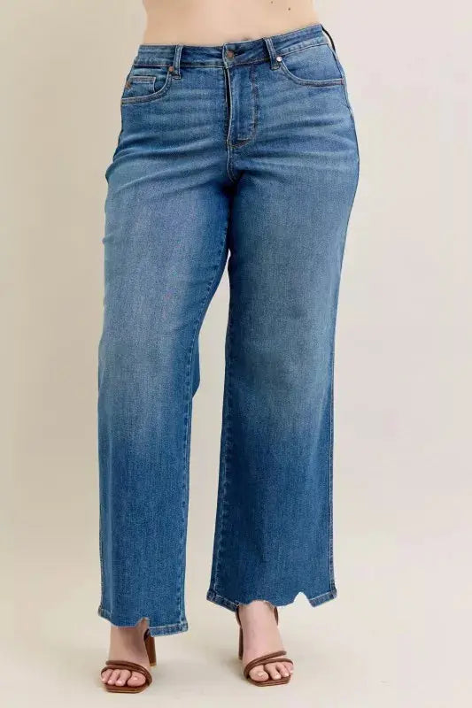 Judy Blue Full Size High Waist Tummy Control Destroy Wide Leg Jeans with Chew Hem - Be Bliss Boutique