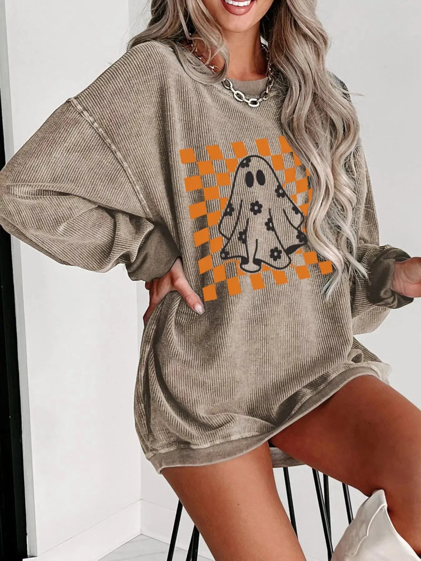 Ribbed Checkerboard Floral Ghost Halloween Graphic Sweatshirt - Be Bliss Boutique