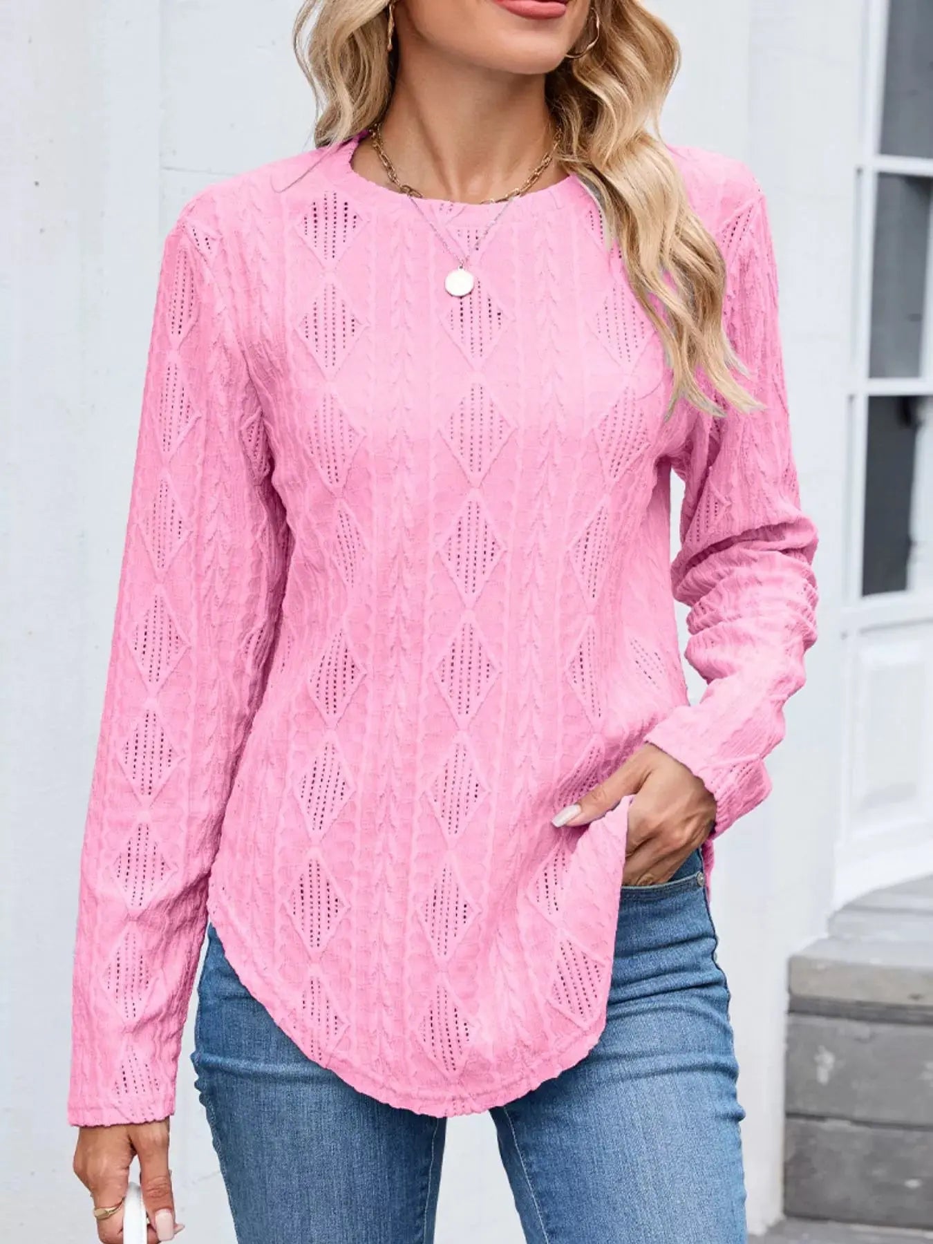 Openwork Textured Long Sleeve Top - Be Bliss Boutique