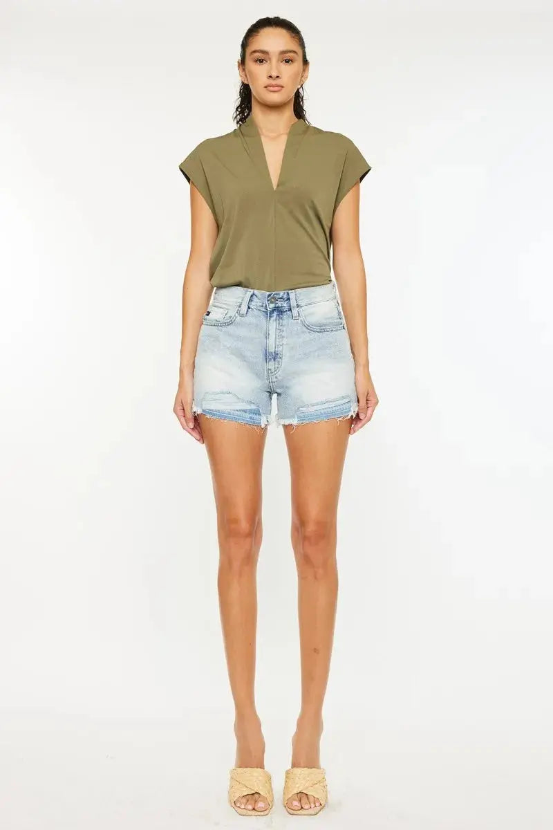 High Rise Raw Hem Kancan Denim Shorts - Light Wash - Be Bliss Boutique