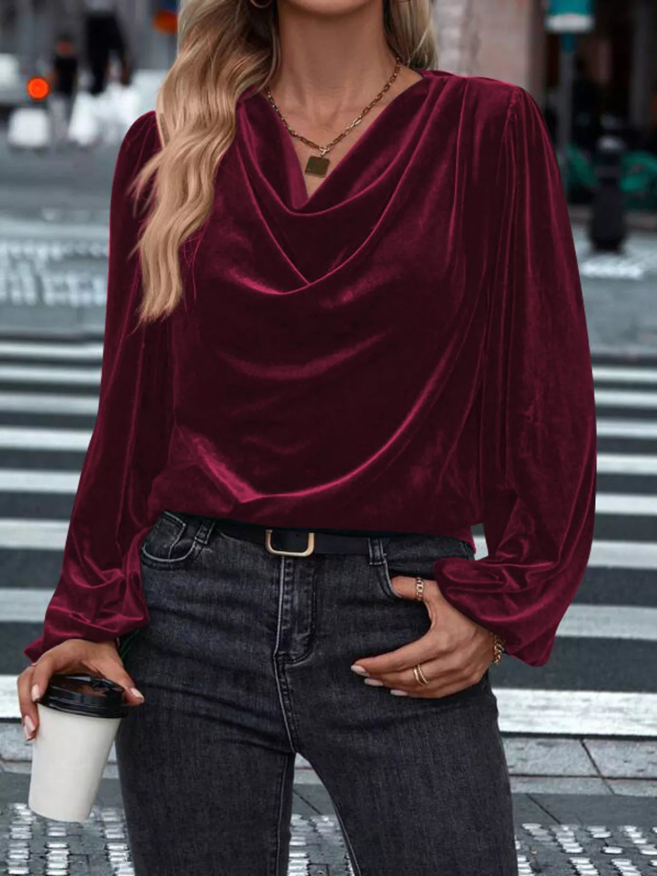 Velvet Cowl Neck Long Sleeve Blouse - Be Bliss Boutique