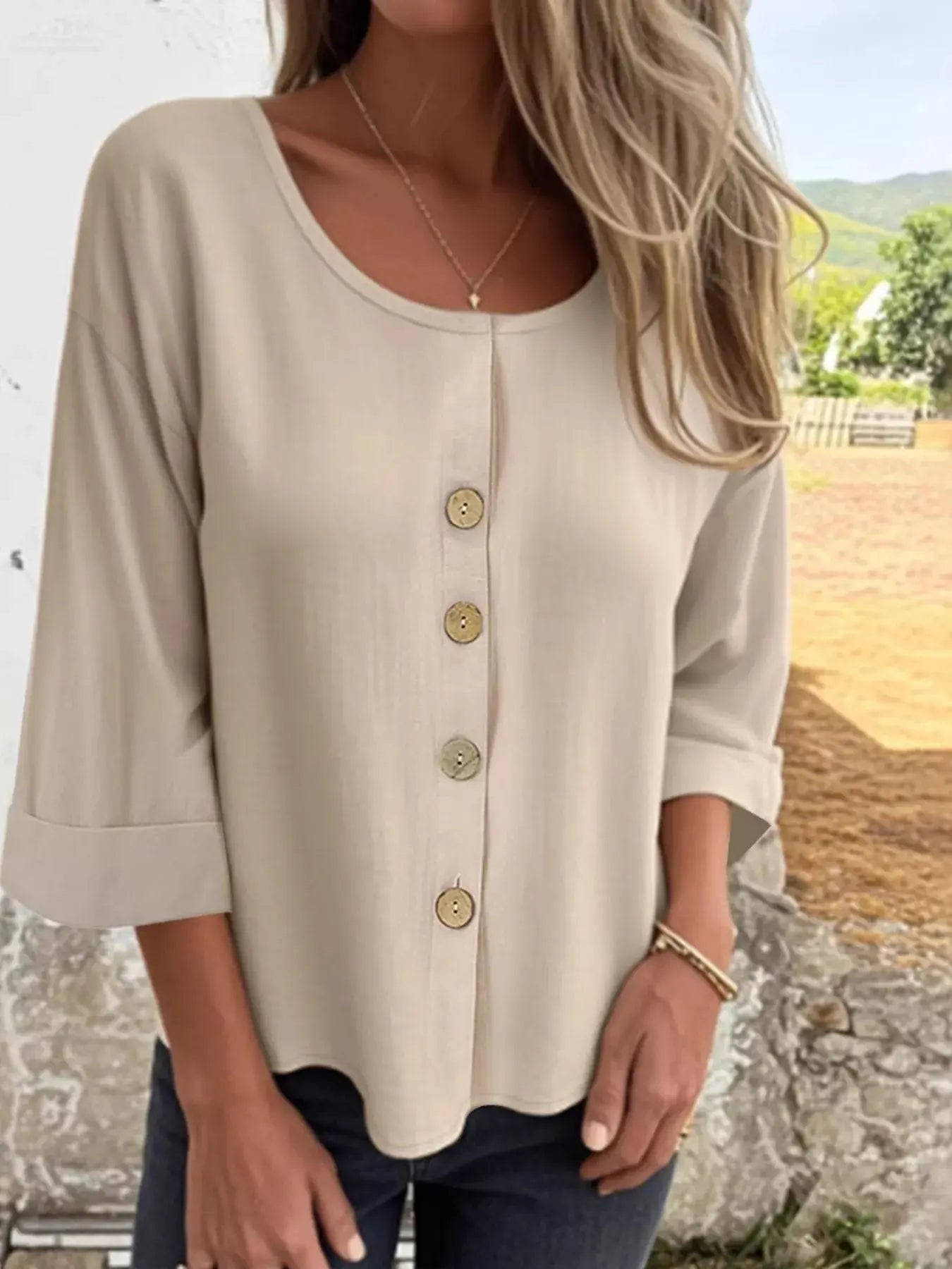 Button-Front 3/4 Sleeve Plus Size Casual Top - Be Bliss Boutique