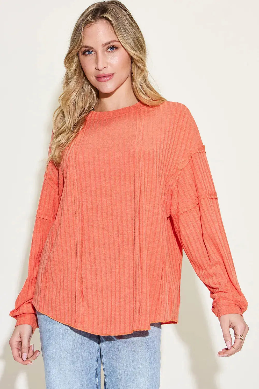 Basic Bae Full Size Round Neck Ribbed Long Sleeve T Shirt - Be Bliss Boutique