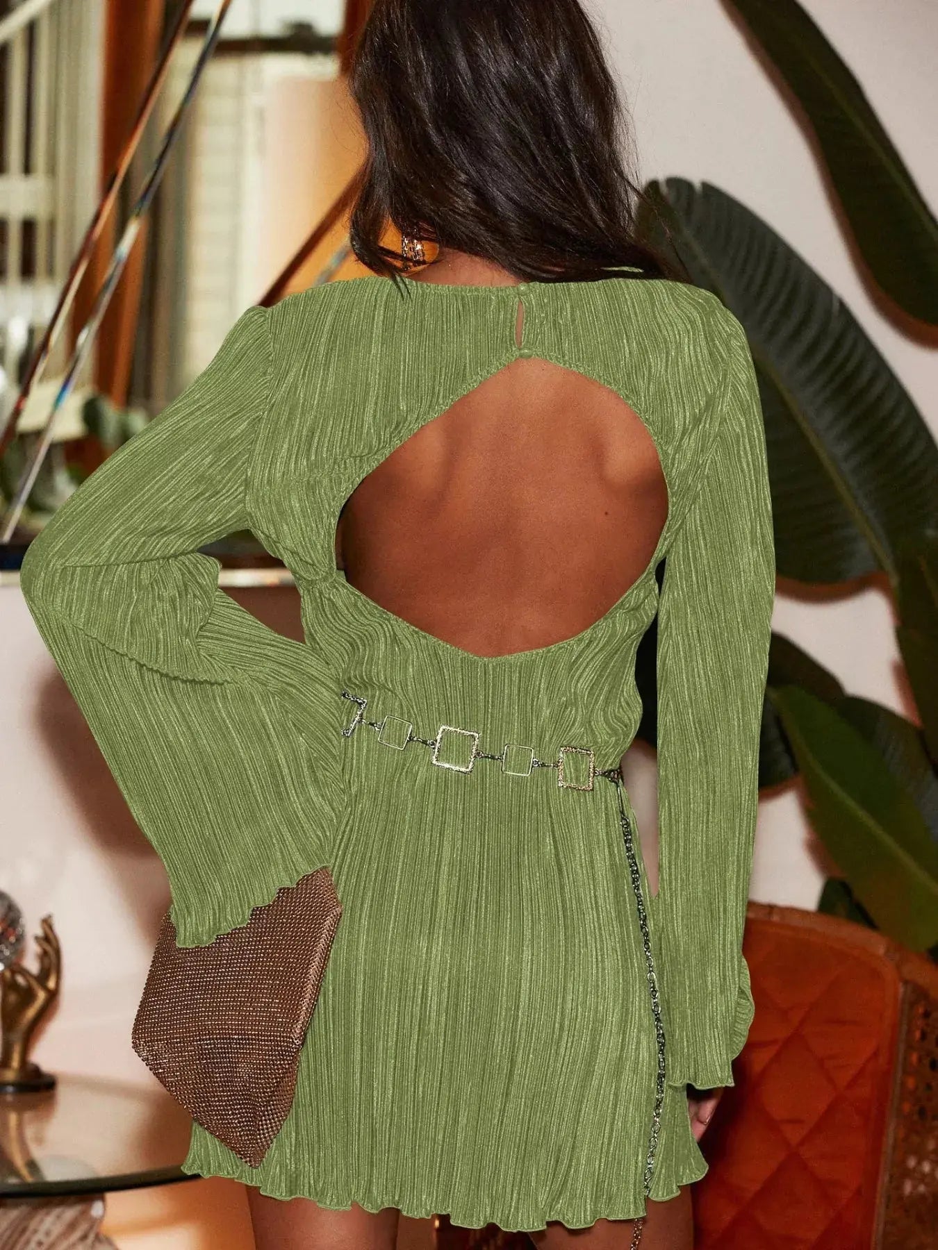 Cutout Back Flare Sleeve Dress - Be Bliss Boutique