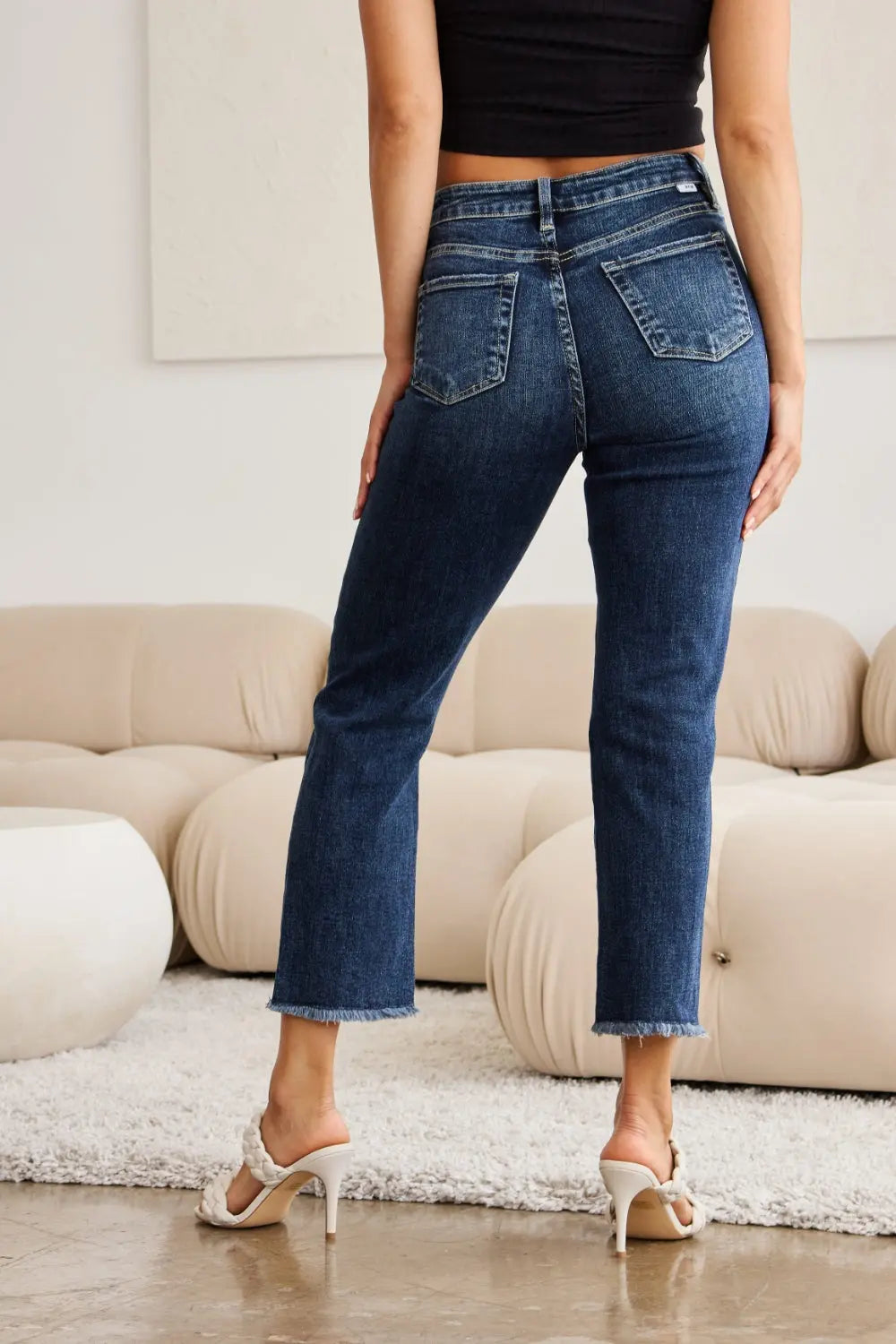 Full Size Tummy Control Distressed High Waist Raw Hem Jeans - Be Bliss Boutique