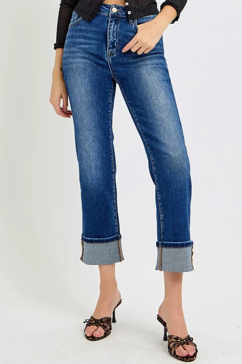 Full/Plus Size High Rise Ankle Straight Cuffed RISEN Jeans - Be Bliss Boutique