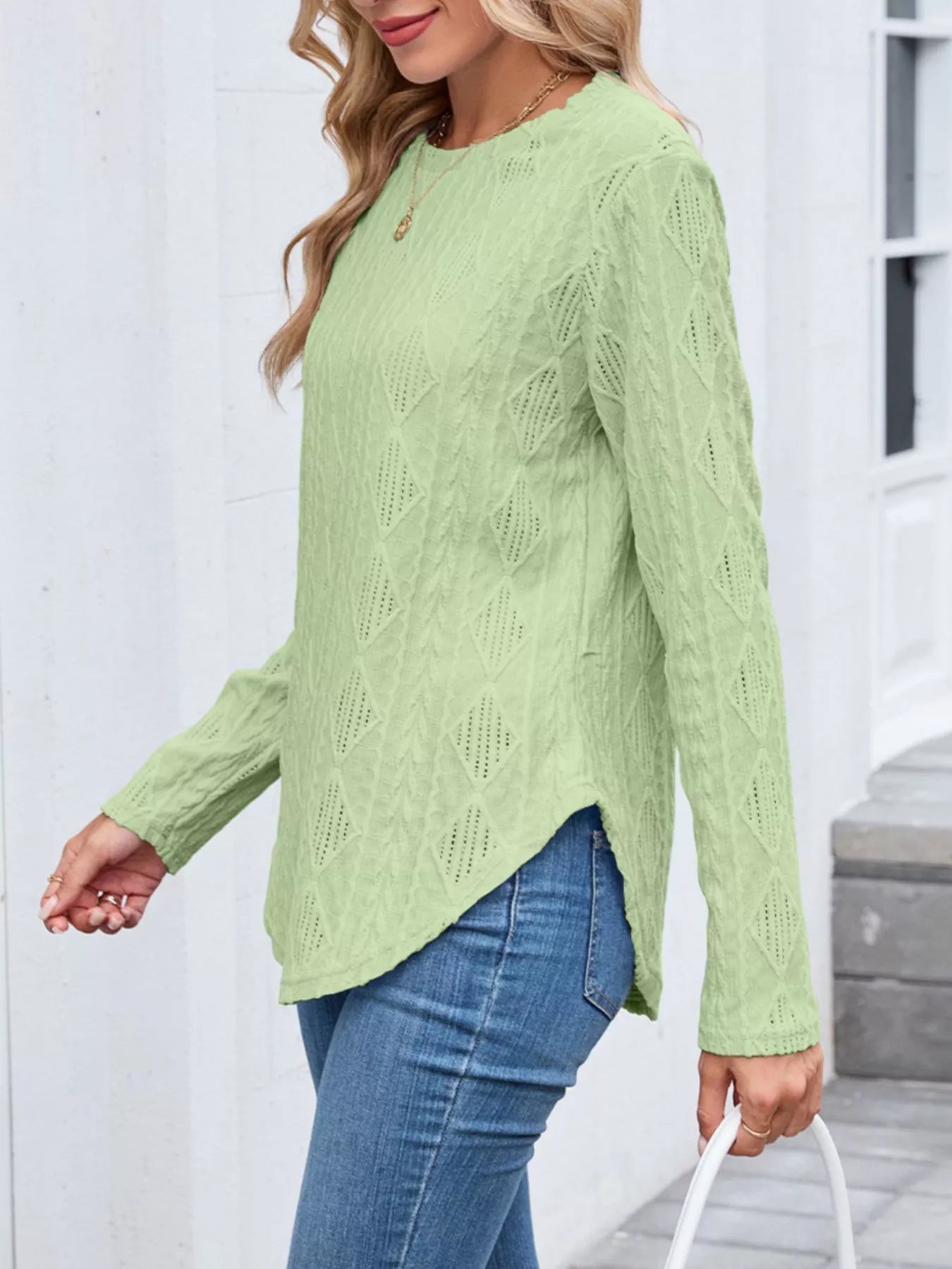 Openwork Textured Long Sleeve Top - Be Bliss Boutique