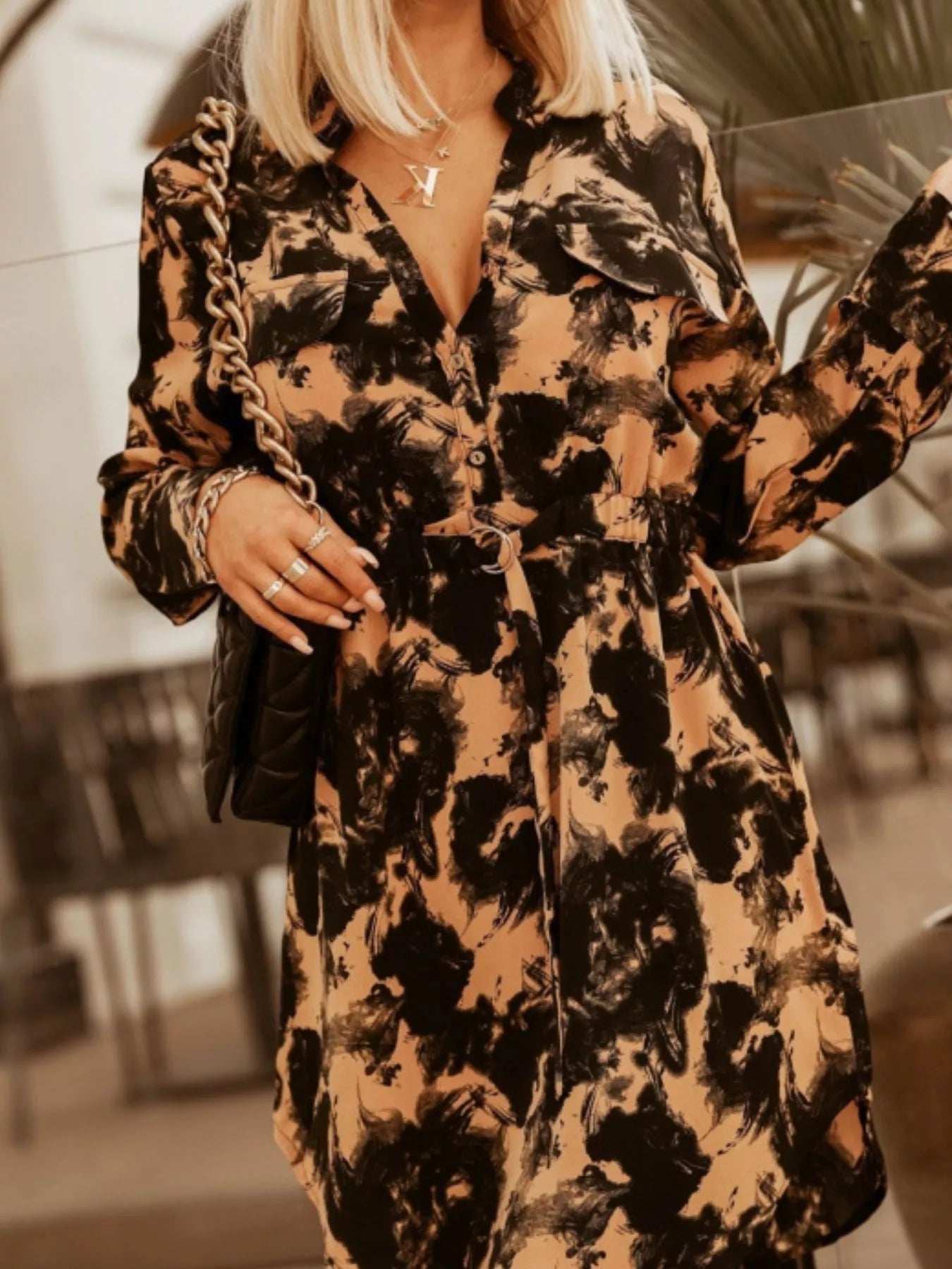 Printed Button Front Long Sleeve Dress - Be Bliss Boutique