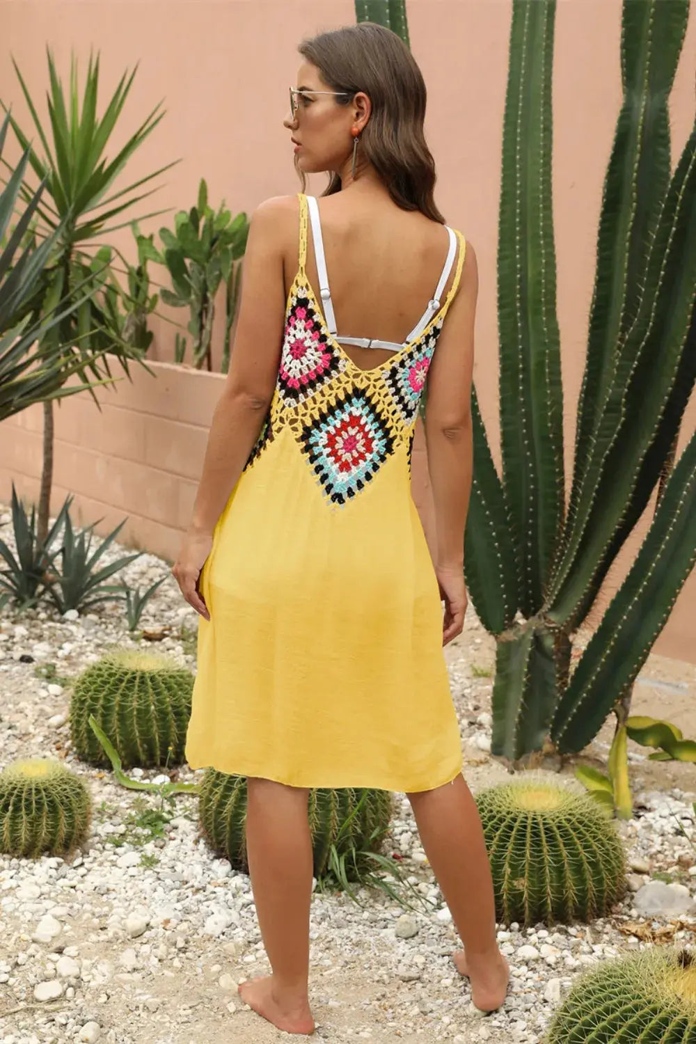 Crochet Geometric V-Neck Spaghetti Strap Cover Up Dress - Be Bliss Boutique