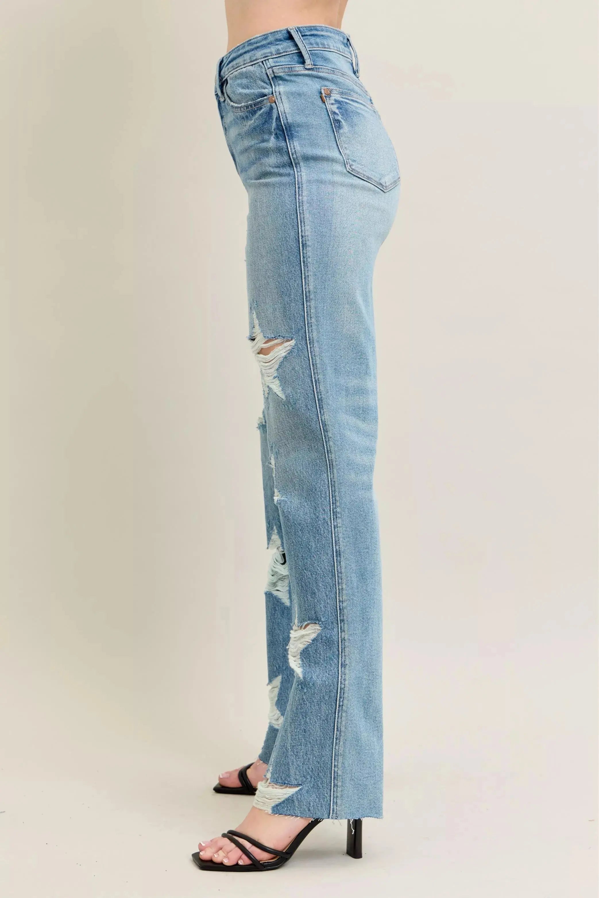 Judy Blue Full Size High Waist Rigid 90's Straight Jeans with Magic Star Shaped Destroy - Be Bliss Boutique