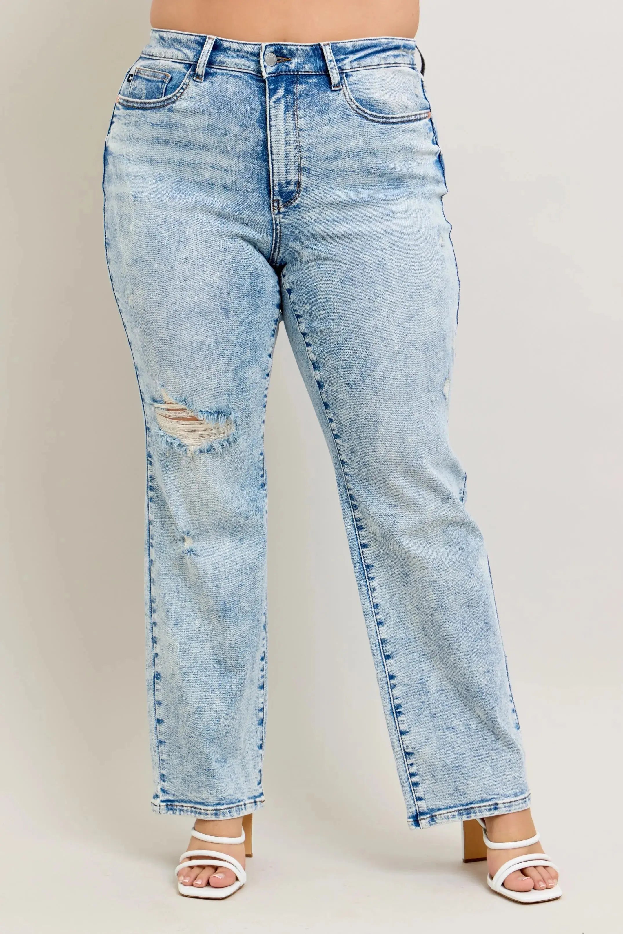 Full Size High Waist Mineral Wash Destroy 90's Straight Leg Judy Blue Jeans - Be Bliss Boutique