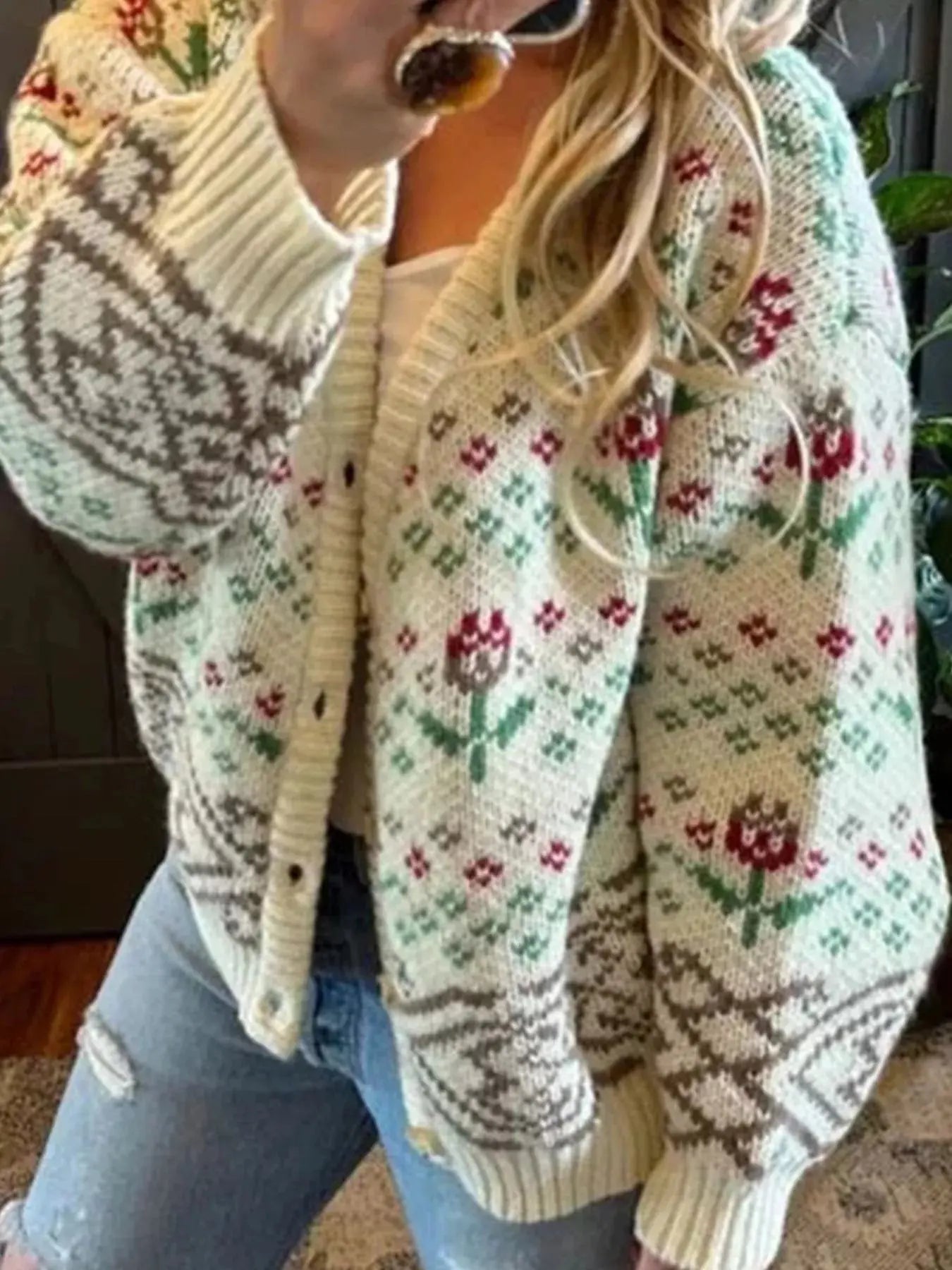 Cozy Vintage Floral Knit Button Up Cardigan - Be Bliss Boutique