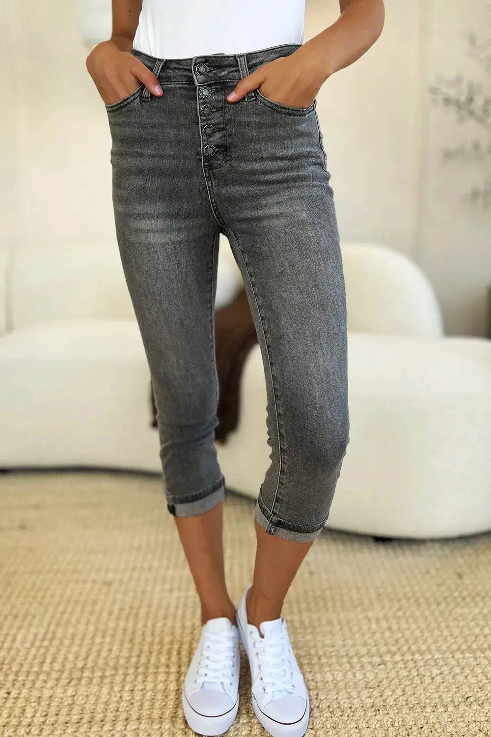 Judy Blue Jeans - Full Size Button Fly High Waist Cuffed Capris - Be Bliss Boutique