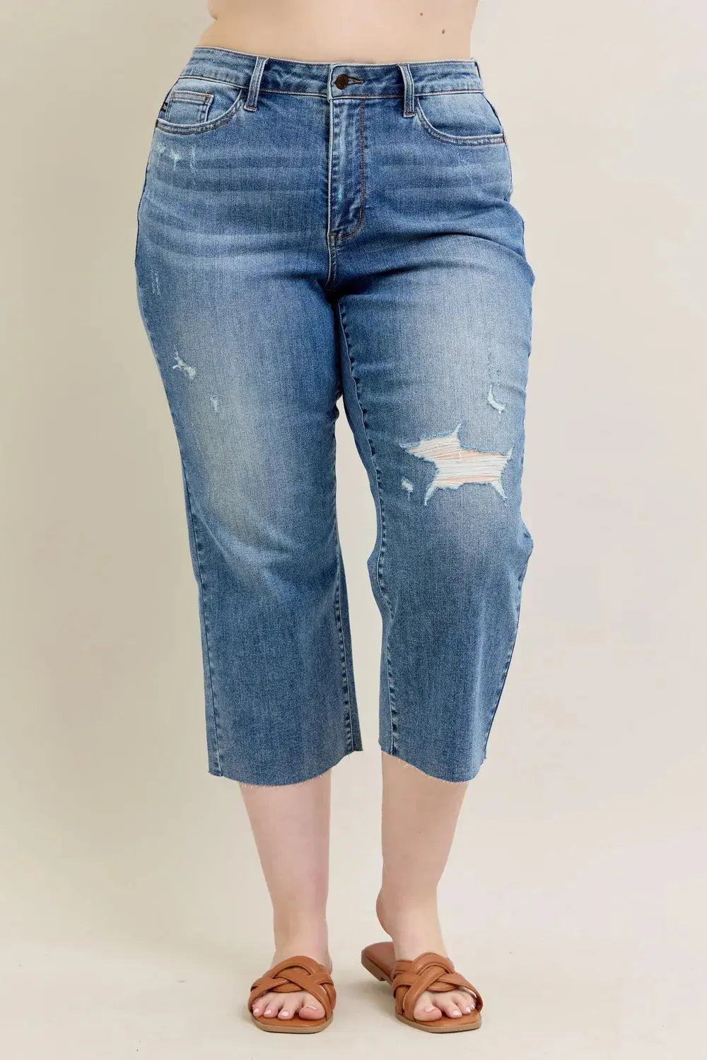 Plus Size High Waist Back Destroy & Raw Cut Hem Crop Wide Leg Judy Blue Jeans - Be Bliss Boutique