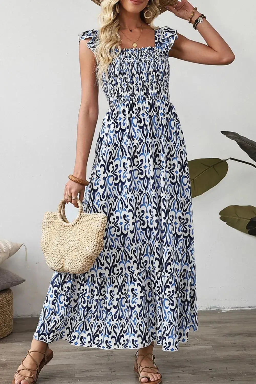 Smocked Printed Square Neck Boho Tiered Midi Dress - Be Bliss Boutique