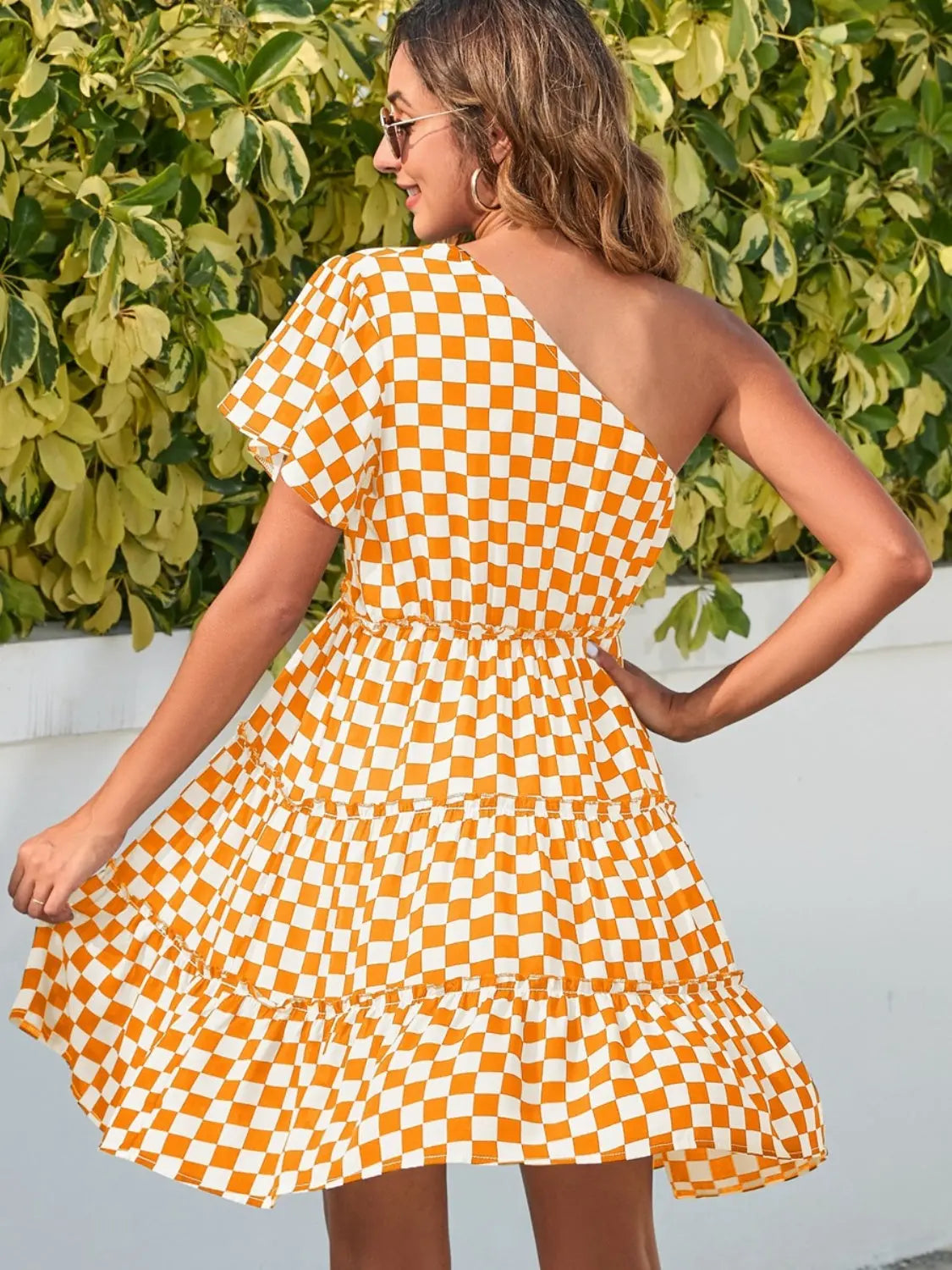 Checkered Single Shoulder Mini Dress - Be Bliss Boutique