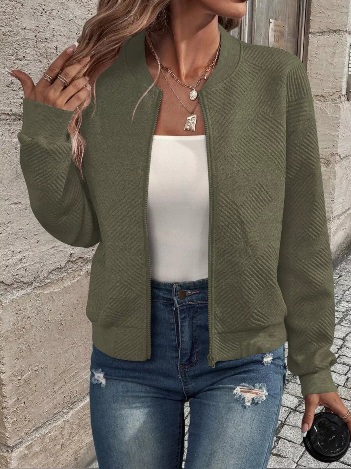 Texture Zip-Up Bomber Jacket - Be Bliss Boutique