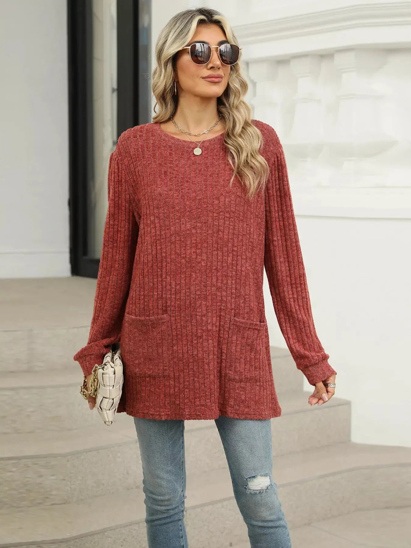 Cozy Ribbed Knit Long Sleeve Tunic Top with Pockets - Be Bliss Boutique