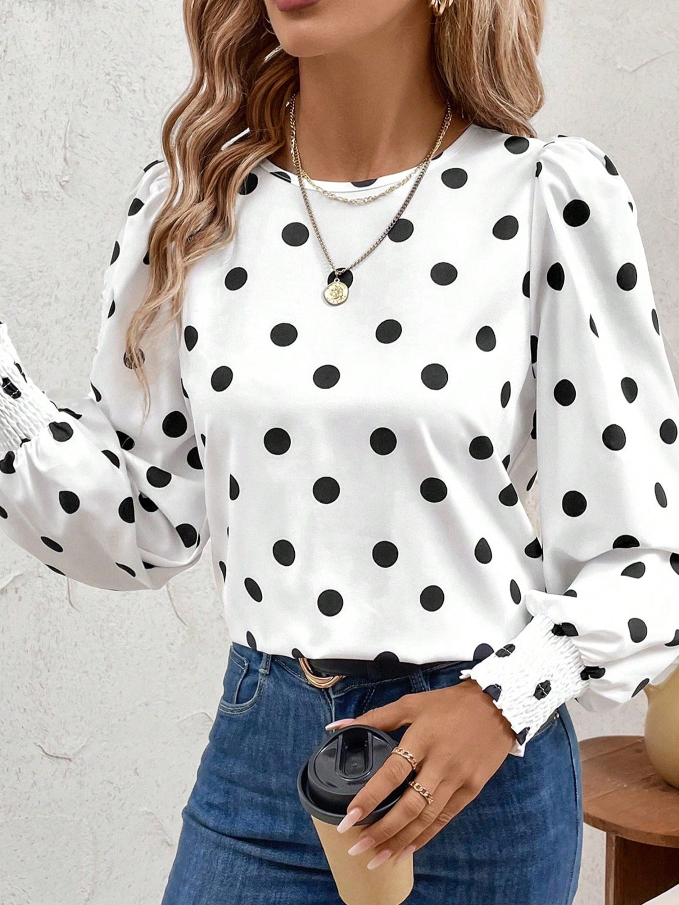 Women's White Polka Dot Long Sleeve Blouse - Be Bliss Boutique