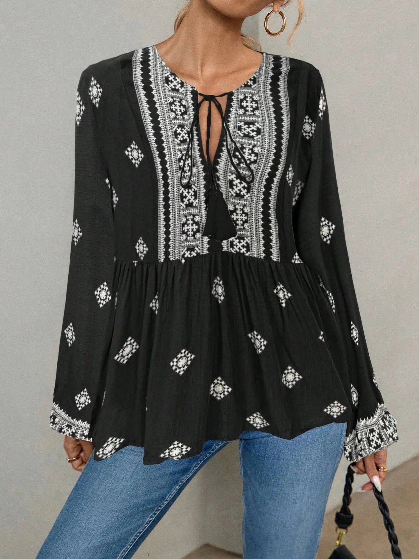 Tie Front Long Sleeve Boho Blouse - Be Bliss Boutique