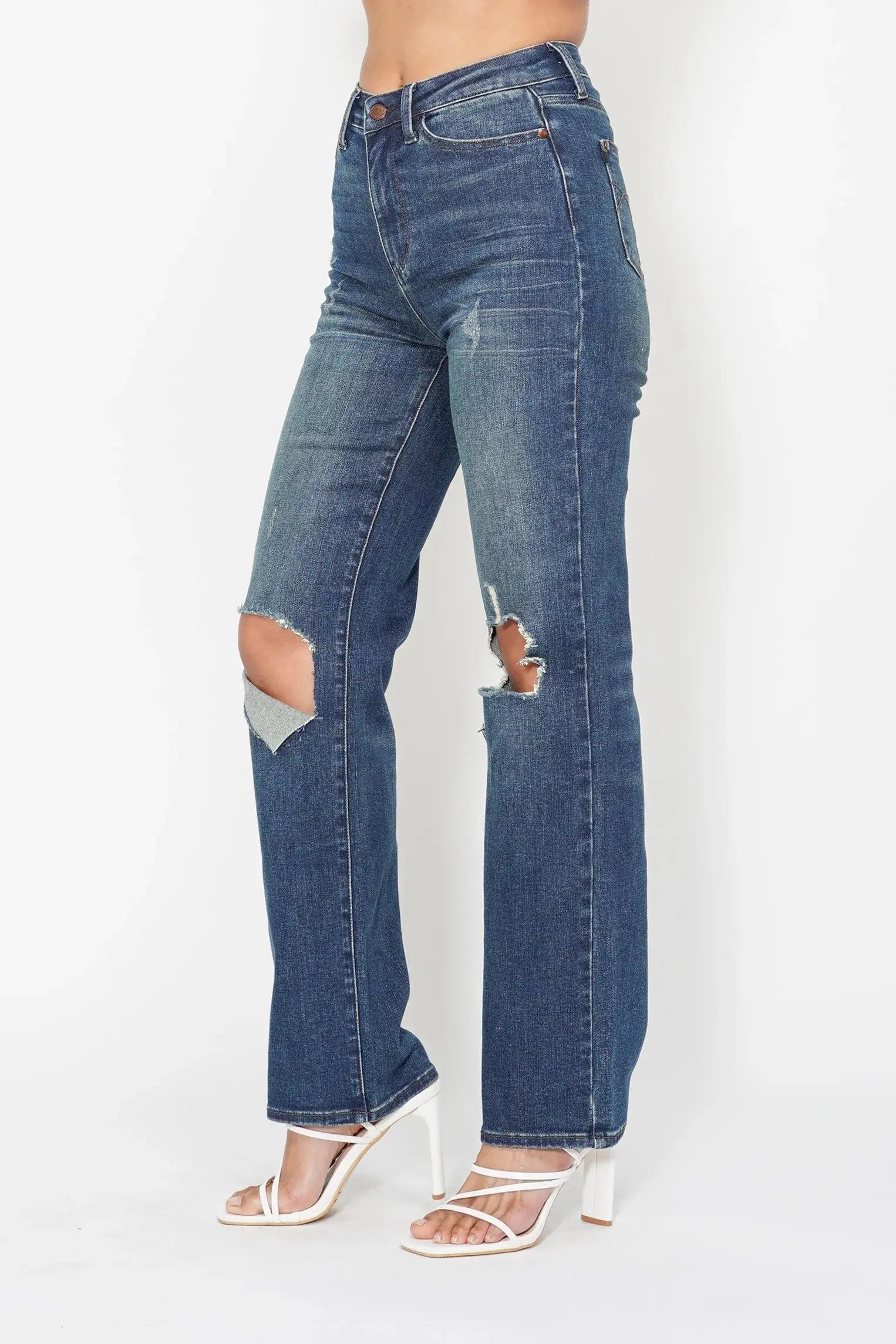 Full Size High Waist Ripped Knee Straight Leg Dad Judy Blue Jeans - Be Bliss Boutique