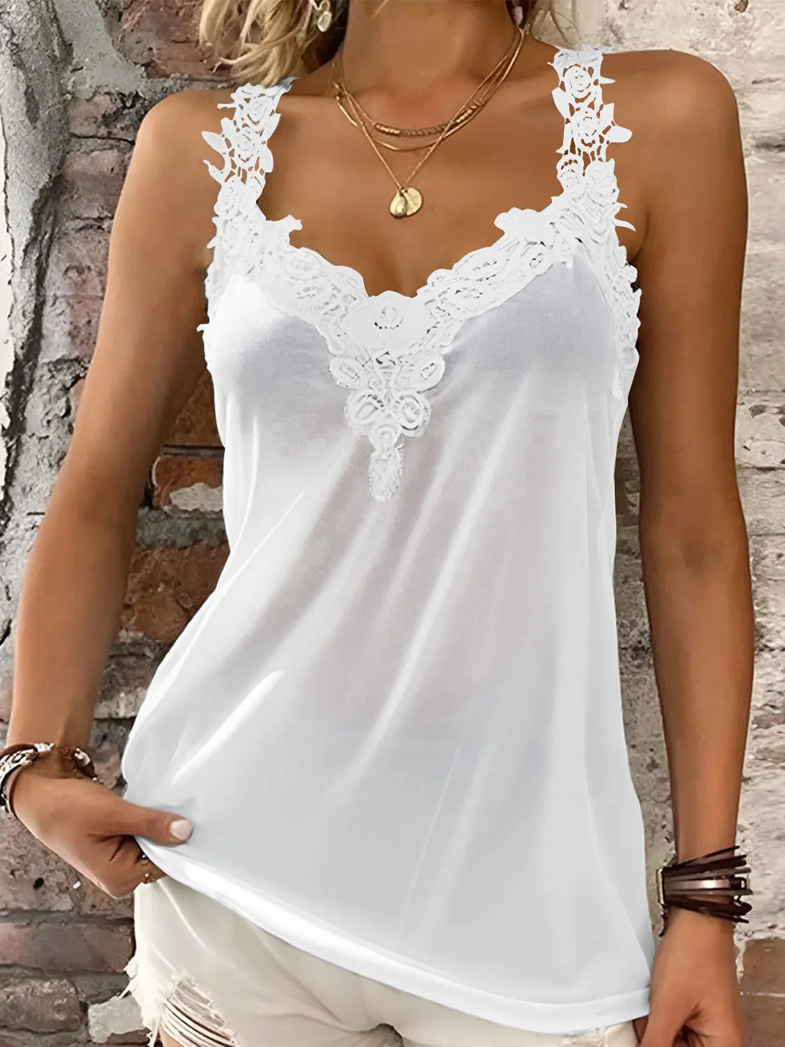 Full Size Lace Detail V-Neck Tank - Be Bliss Boutique