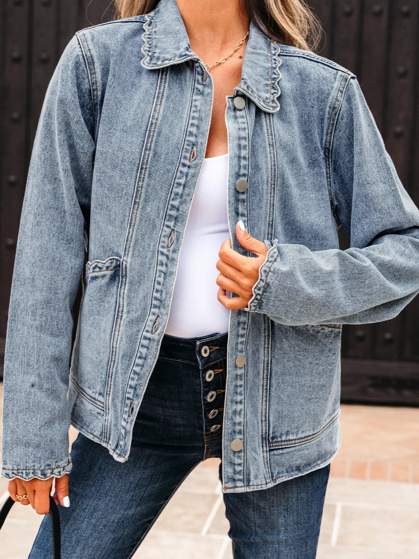 Scallop Trim Collar Patched Pocket Button Up Denim Jacket - Be Bliss Boutique